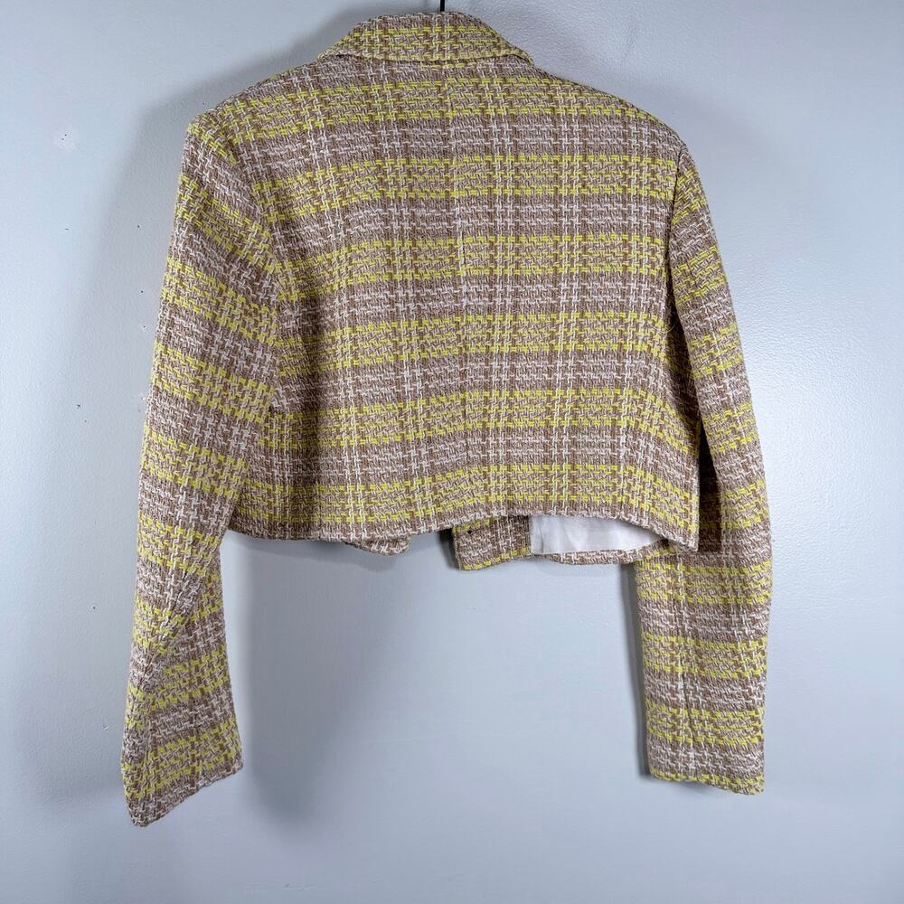 NWT Zara Textured Crop Blazer Yellow & Brown Plaid Pocket Chic Preppy Size M - Picture 5 of 9
